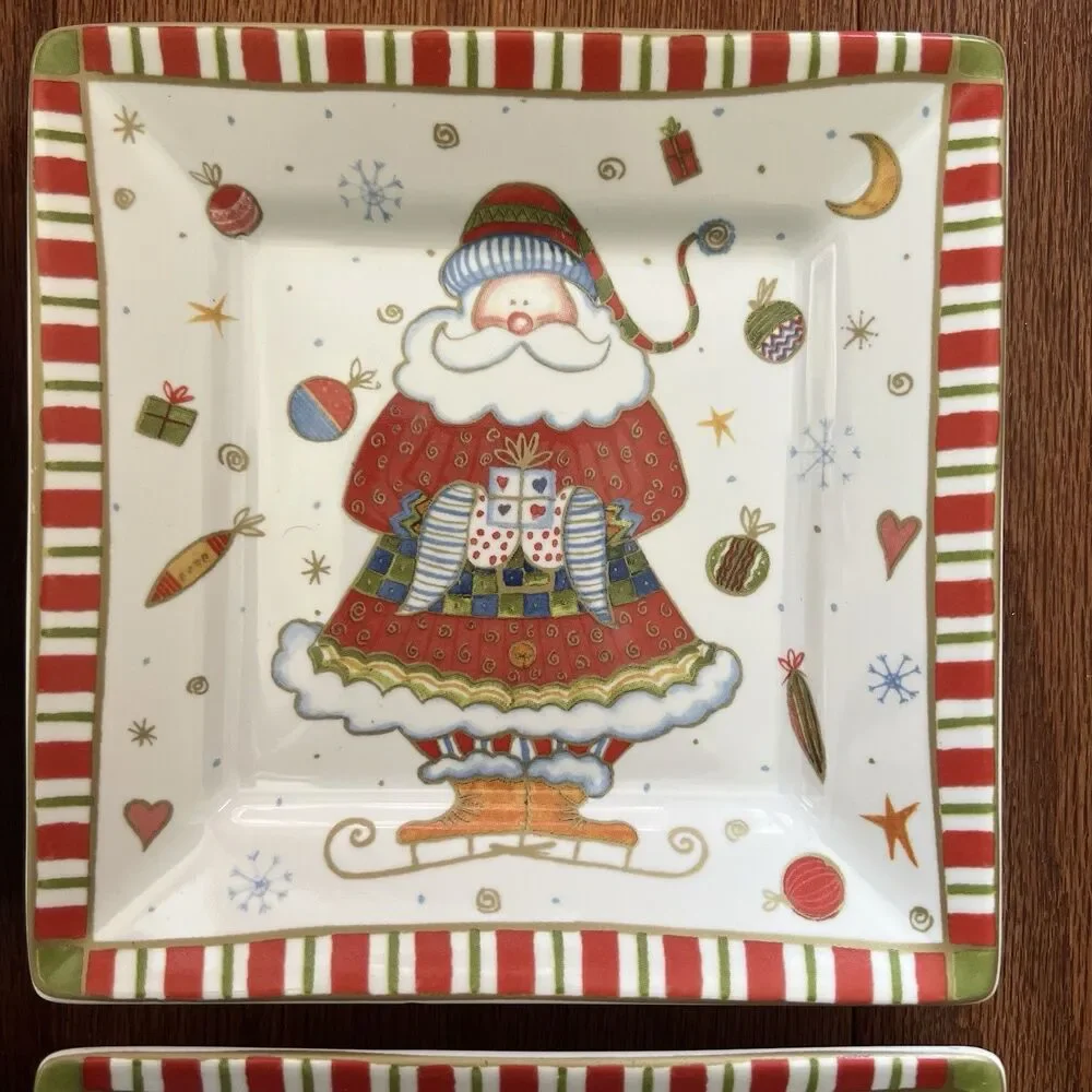 222 Fifth Christmas Plates Set of‎ 4 Square Whimsical Folk Art- Style